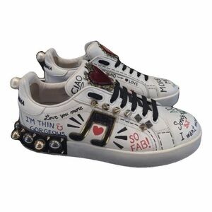 Dolce & Gabbana White Leather Graffiti Sneakers with Black Laces & Gold Studs